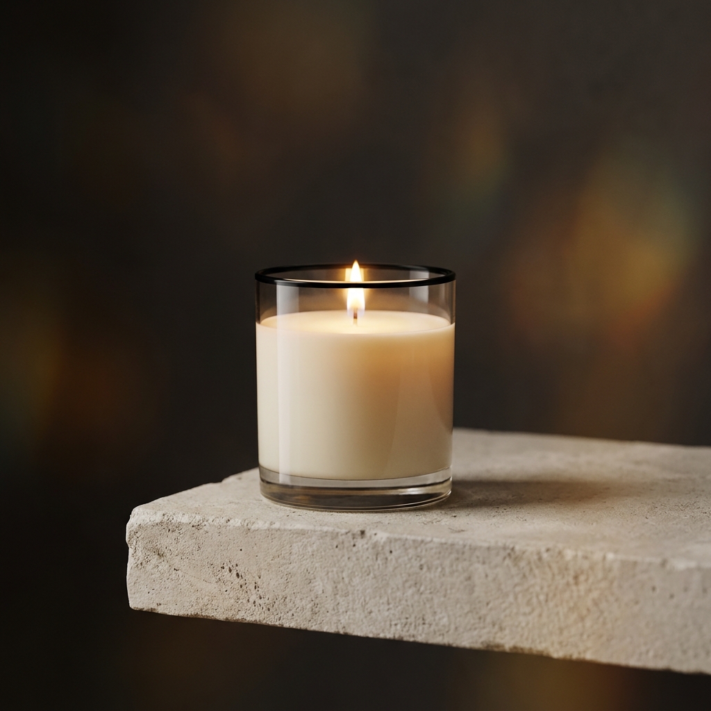 Brooklyn Candle Studio sojalys i en minimalistisk glasbeholder på en bleg overflade