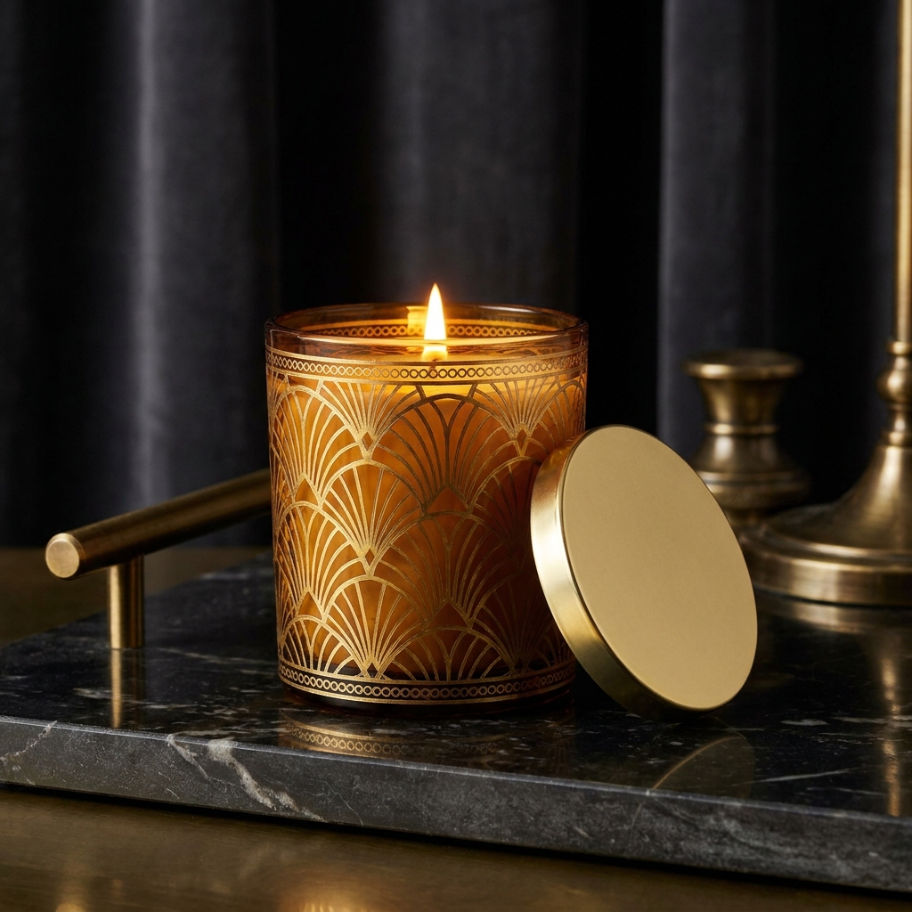 Harlem Candle Company luksuslys i et dekorativt glas med guldaccenter på en mørk overflade